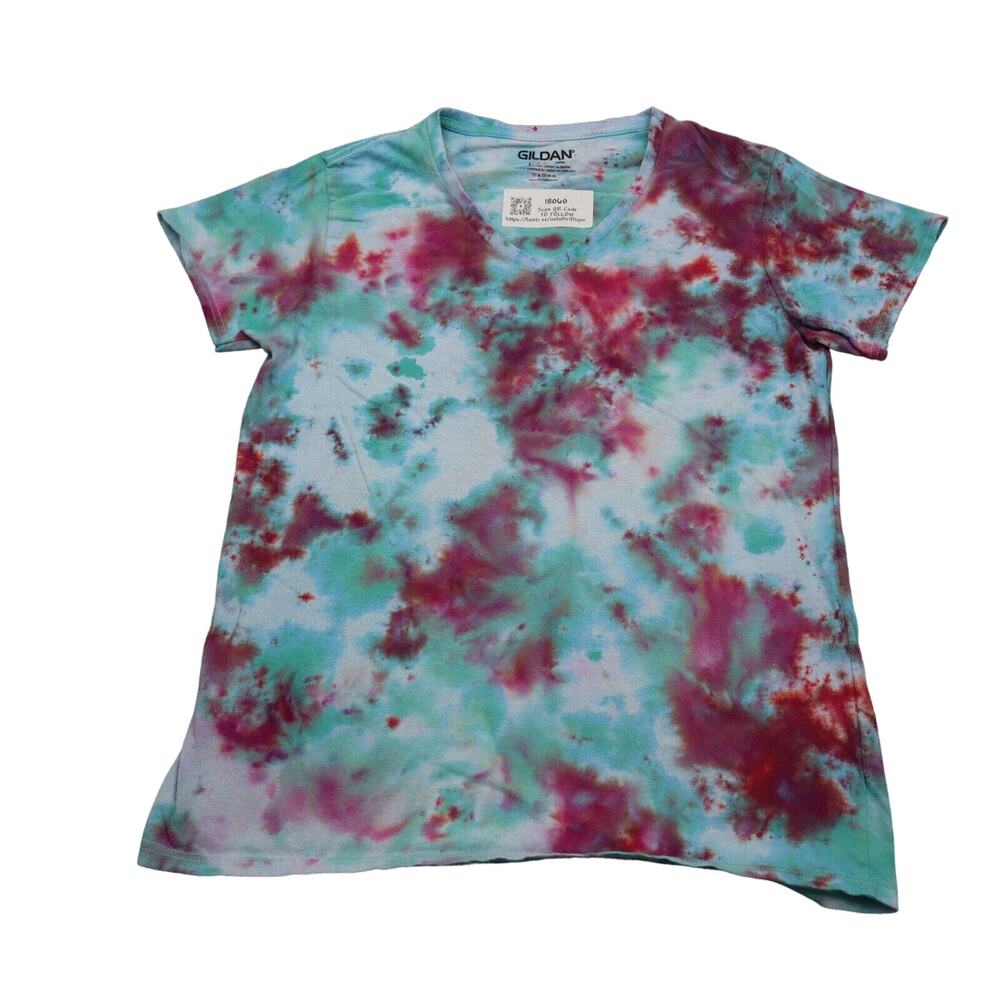 Gildan Shirt Womens L Multicolor Short Sleeve VNeck Tie Dye Knit Casual T Shirt